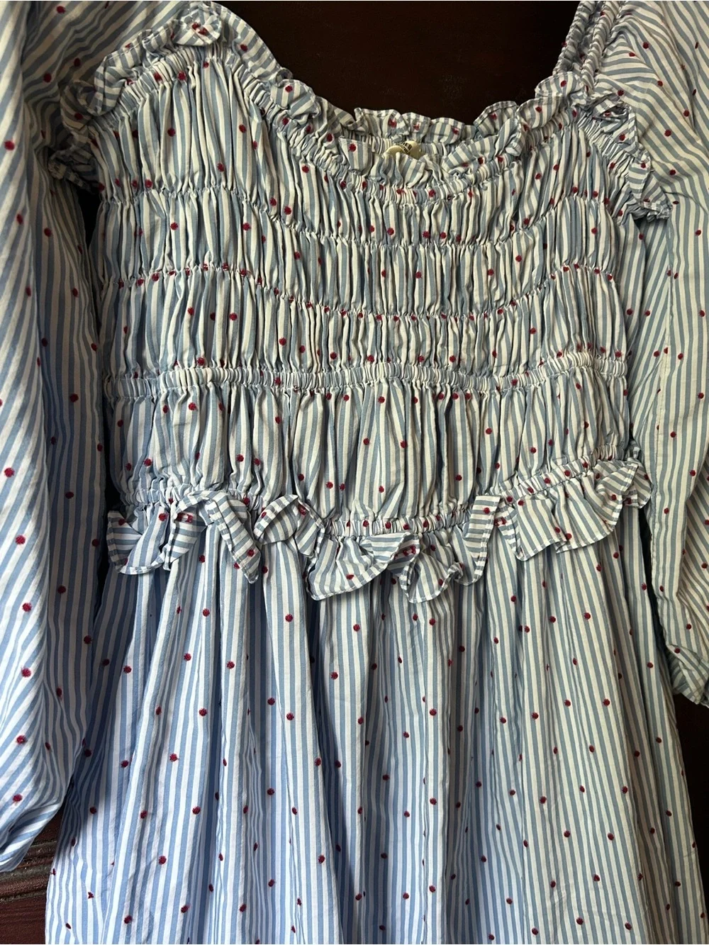 Maeve Anthropologie Smocked Striped Midi Dress Embroidered Polka Dot Size Medium - Picture 11 of 12